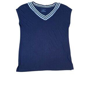 Talbots sz M medium linen blend navy cap sleeve T tee shirt